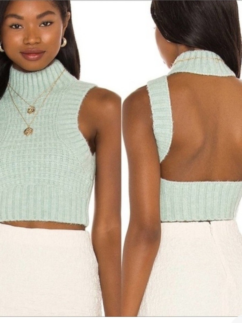 For Love & Lemons Sleeveless Ribbed Mock Neck Crop Top - Mint Green